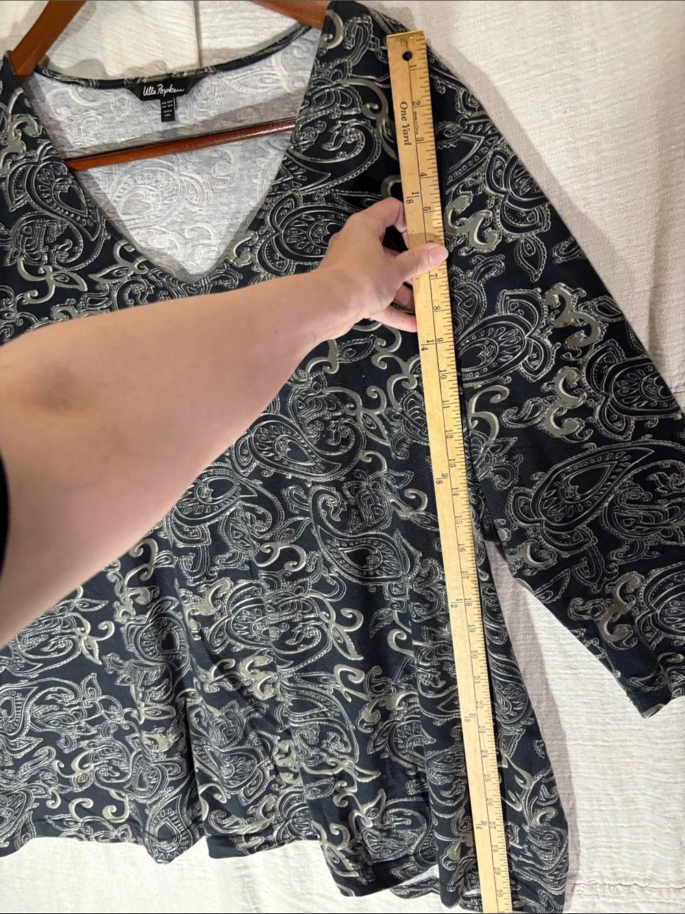 Ulla Popken Paisley V Neck 100%Cotton Tunic Top Plus Size 32/34 4X 5X Grey Black
